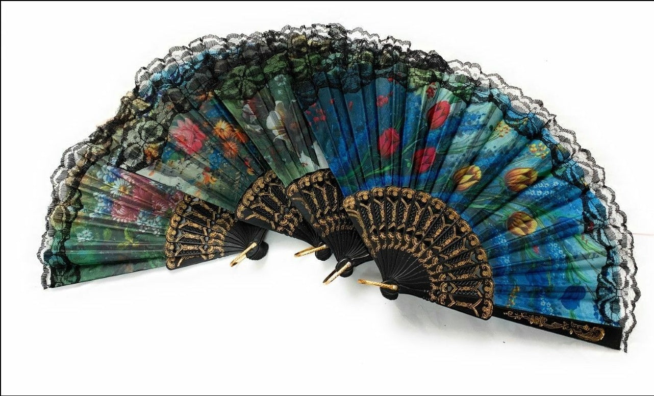 Summer Hand-operated Folding Fan Plastic Fan Color Fan Bone Flower Series Satin Cloth Fan